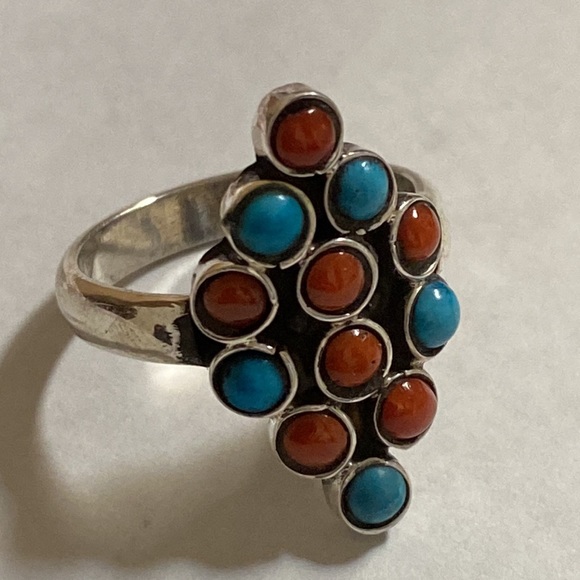 Turquoise and Coral Sterling Silver sue 7.5 - Picture 2 of 4